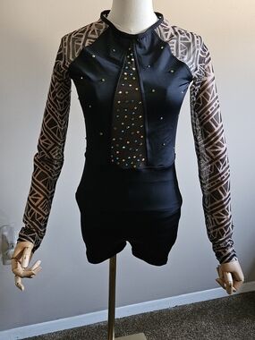 Balera Black Long-Sleeve Mesh Panel Top with Multicolor Rhinestones.